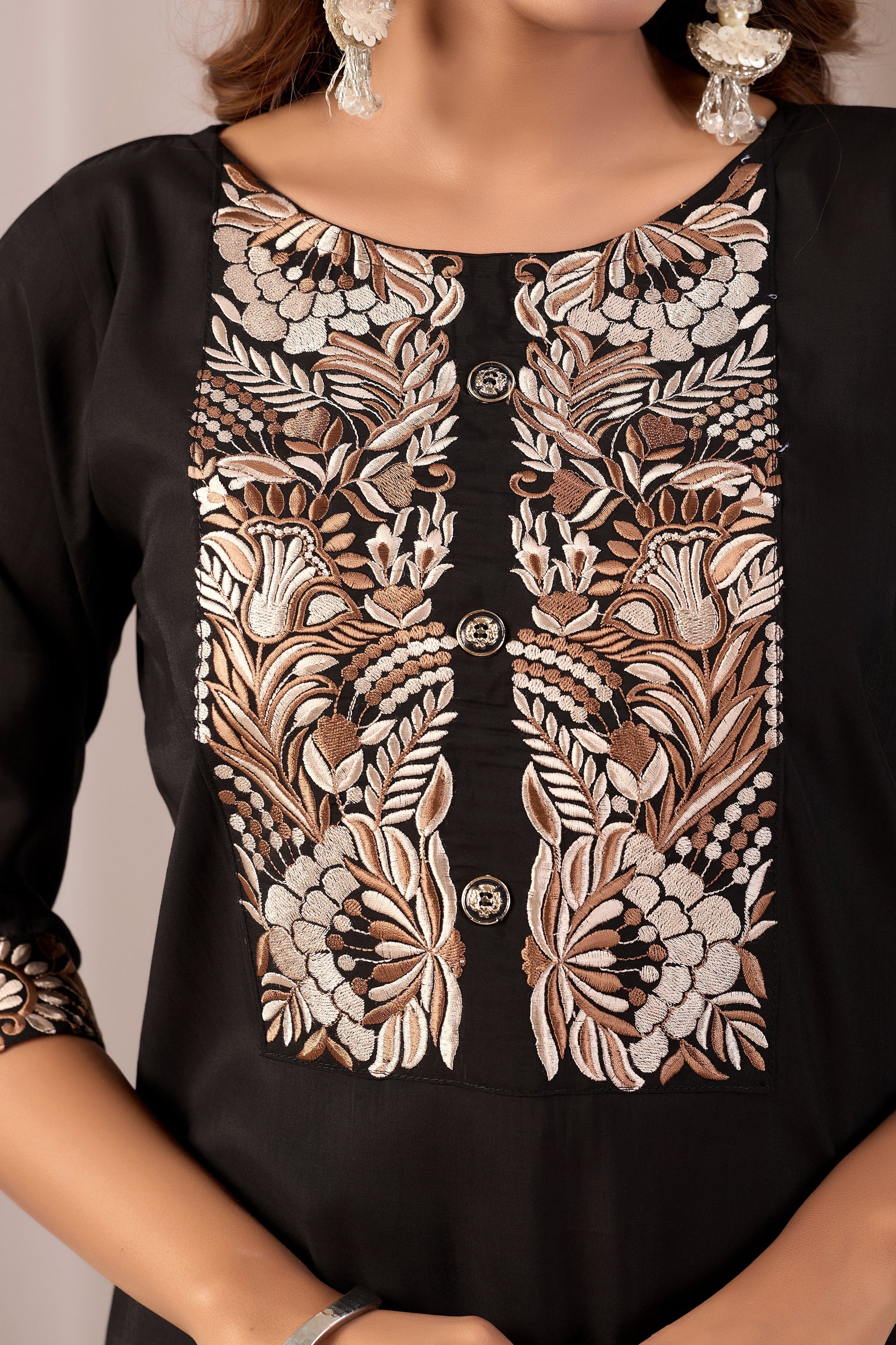Black Embroidery Neck Work Cotton Straight Kurta Set for Women