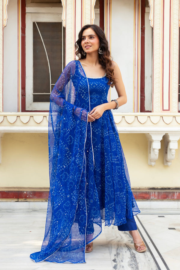 Blue color Digital printed organza silk Anarkali suit Set