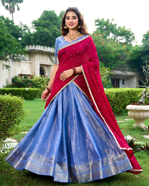 Blue Color Kanchipuram Designer South India Style Half Saree