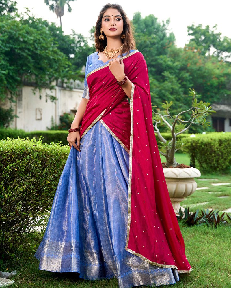 Blue Color Kanchipuram Designer South India Style Half Saree