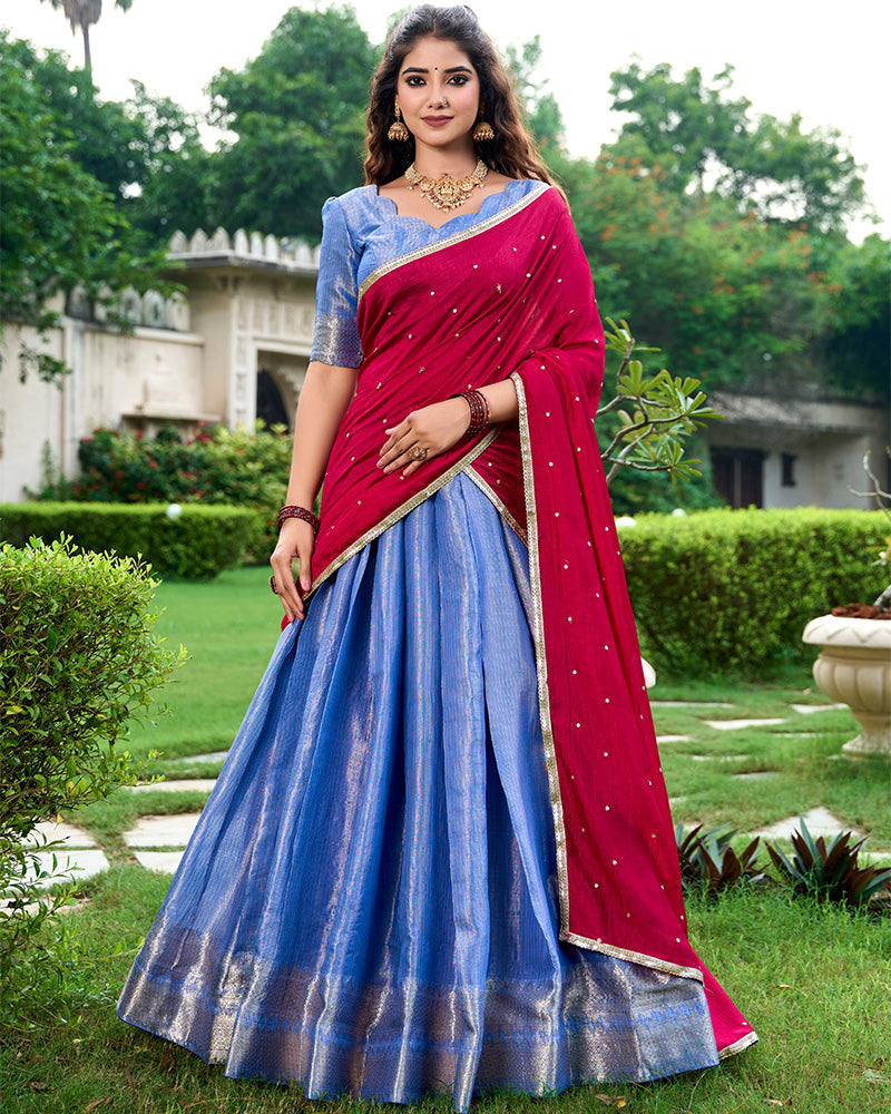 Blue Color Kanchipuram Designer South India Style Half Saree