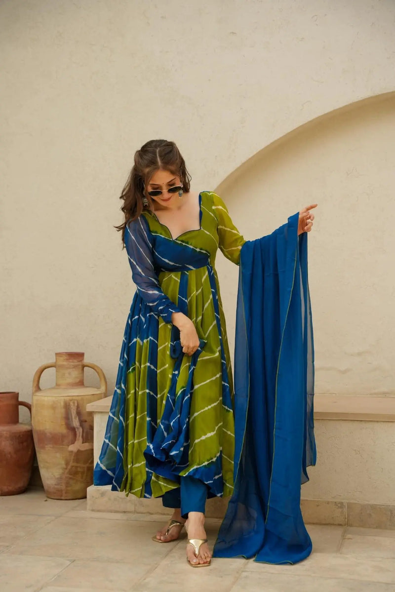 Blue & Green Leheriya Suit Set