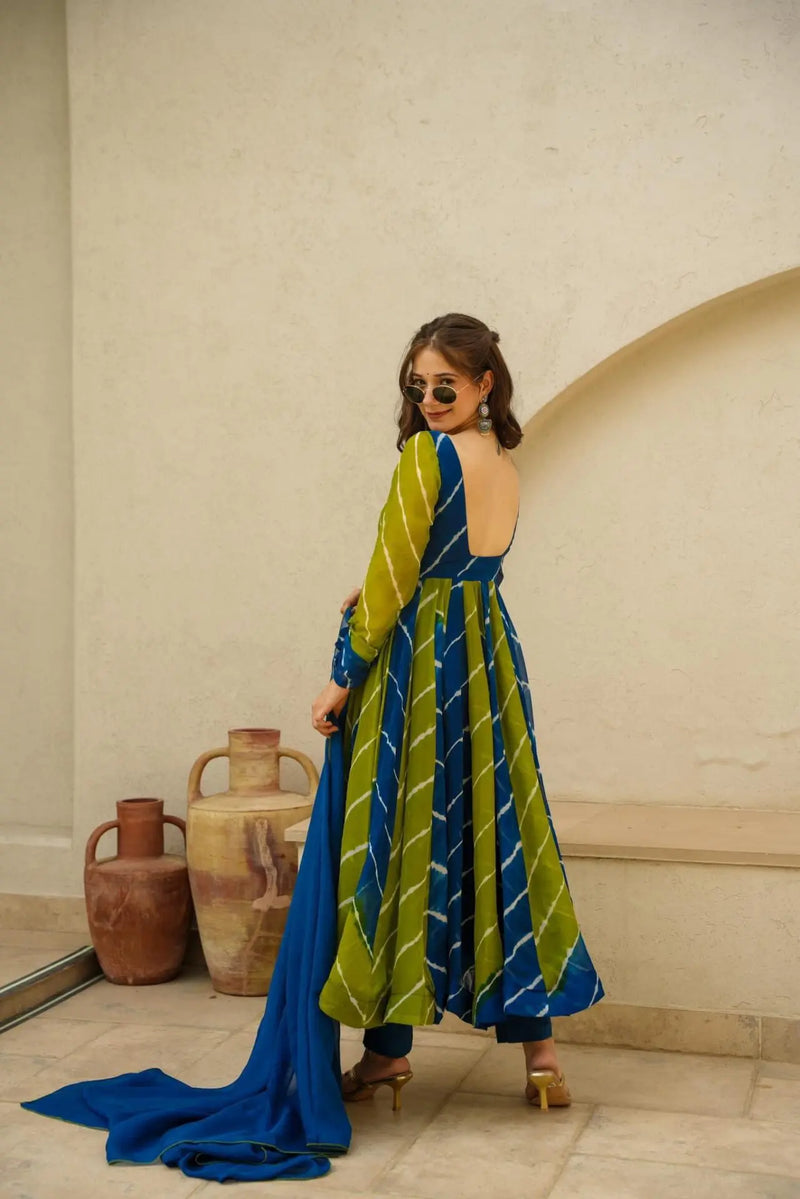 Blue & Green Leheriya Suit Set