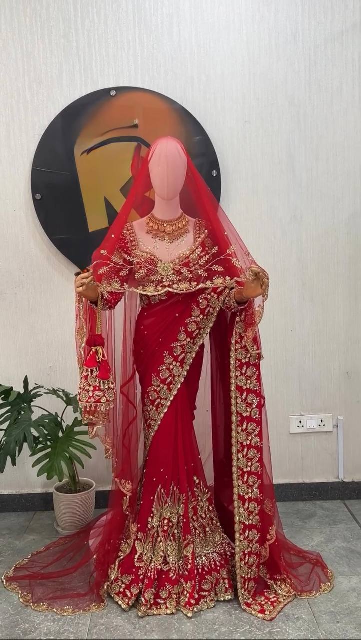 Ruby Red Faux Georgette Embroidered Saree for Durga Puja & Karwa Chauth