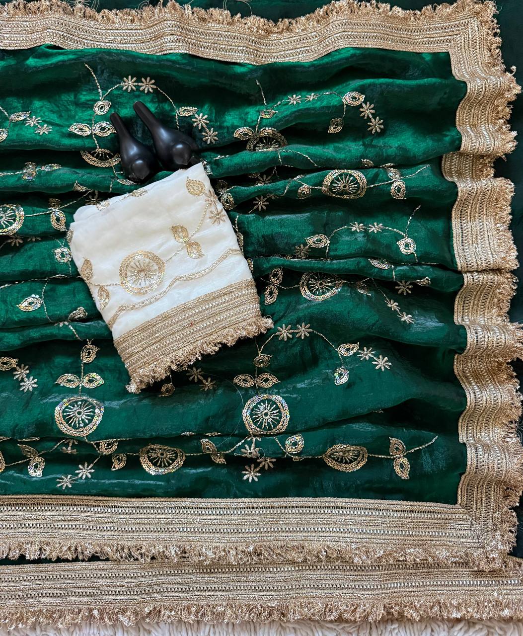 Bottle Green Pure Fancy Satin Saree with Off-White Floral Sequin Embroidery Blouse & Fringe Lace