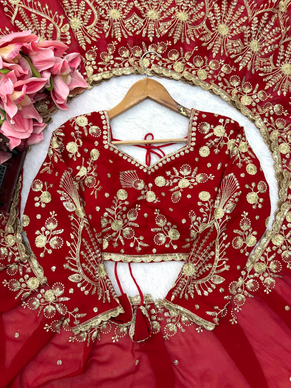Ruby Red Faux Georgette Embroidered Saree for Durga Puja & Karwa Chauth