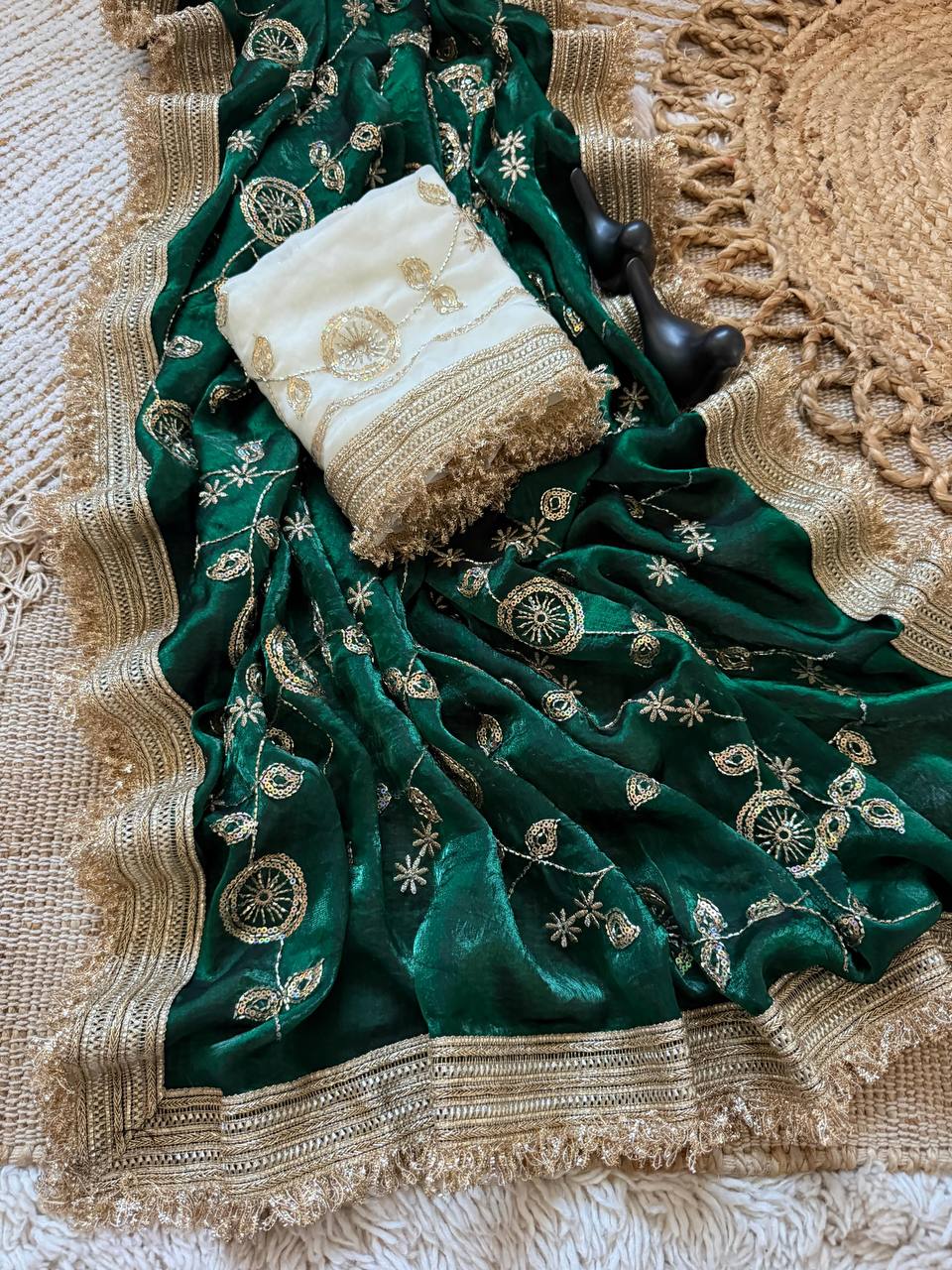 Bottle Green Pure Fancy Satin Saree with Off-White Floral Sequin Embroidery Blouse & Fringe Lace