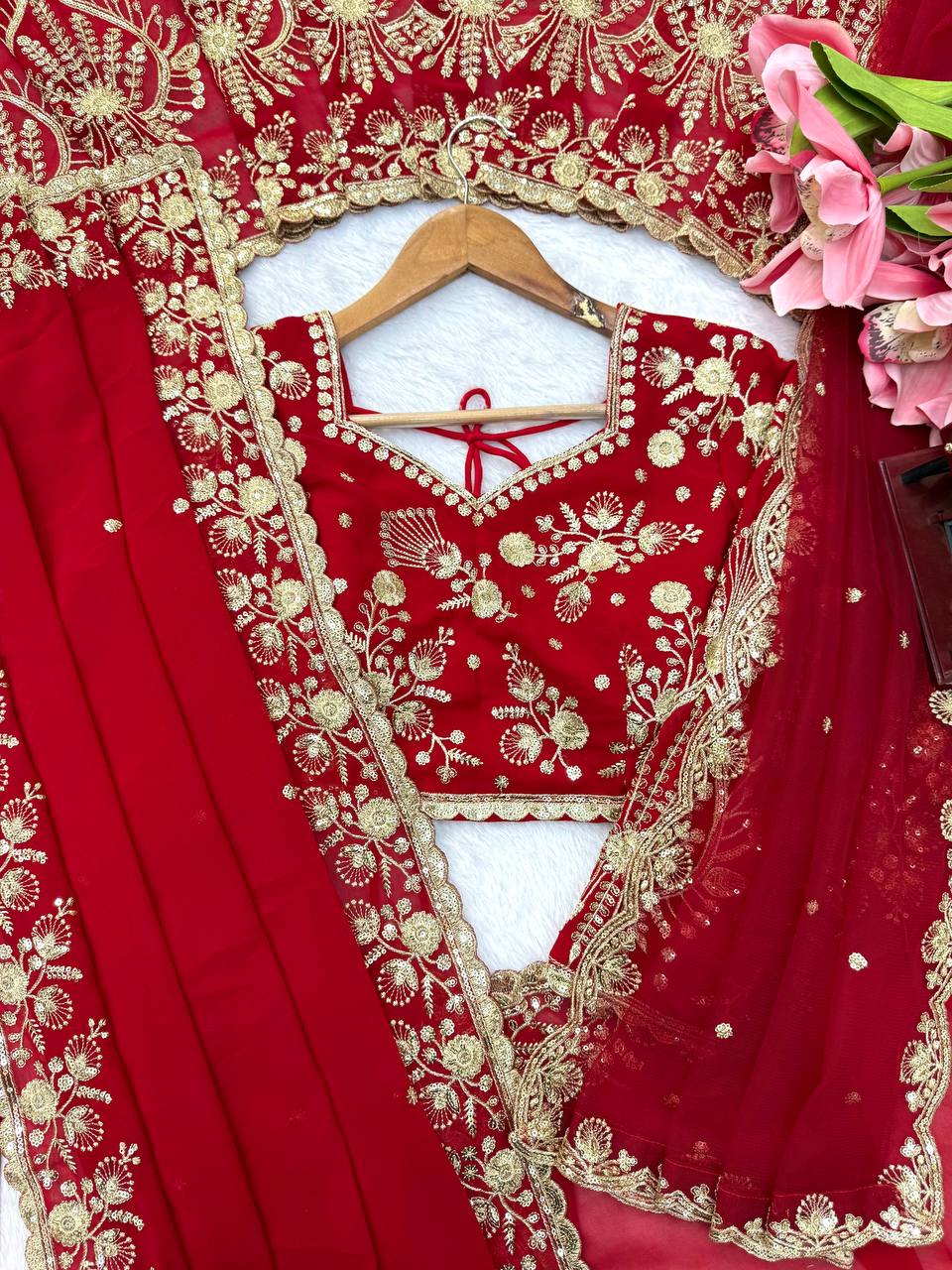Ruby Red Faux Georgette Embroidered Saree for Durga Puja & Karwa Chauth
