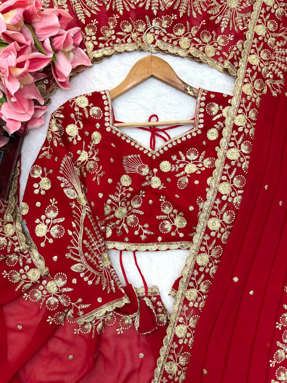 Ruby Red Faux Georgette Embroidered Saree for Durga Puja & Karwa Chauth