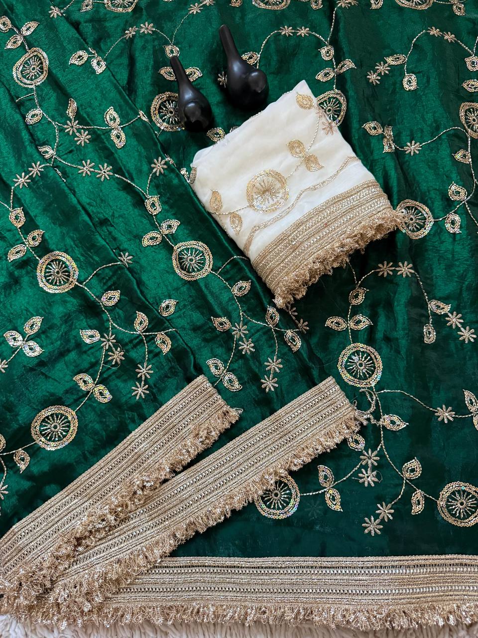 Bottle Green Pure Fancy Satin Saree with Off-White Floral Sequin Embroidery Blouse & Fringe Lace
