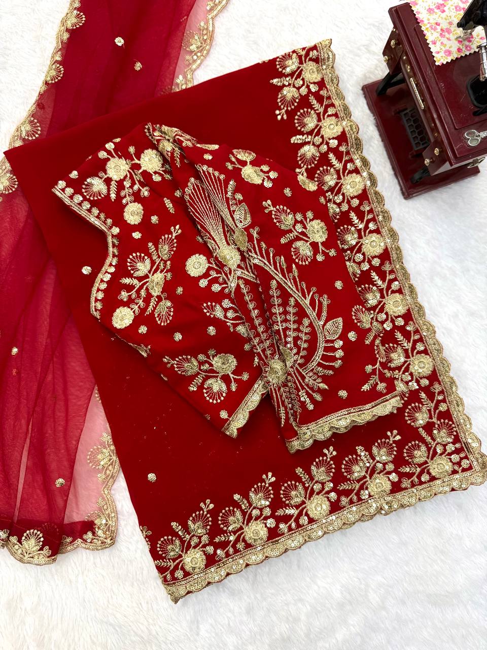 Ruby Red Faux Georgette Embroidered Saree for Durga Puja & Karwa Chauth