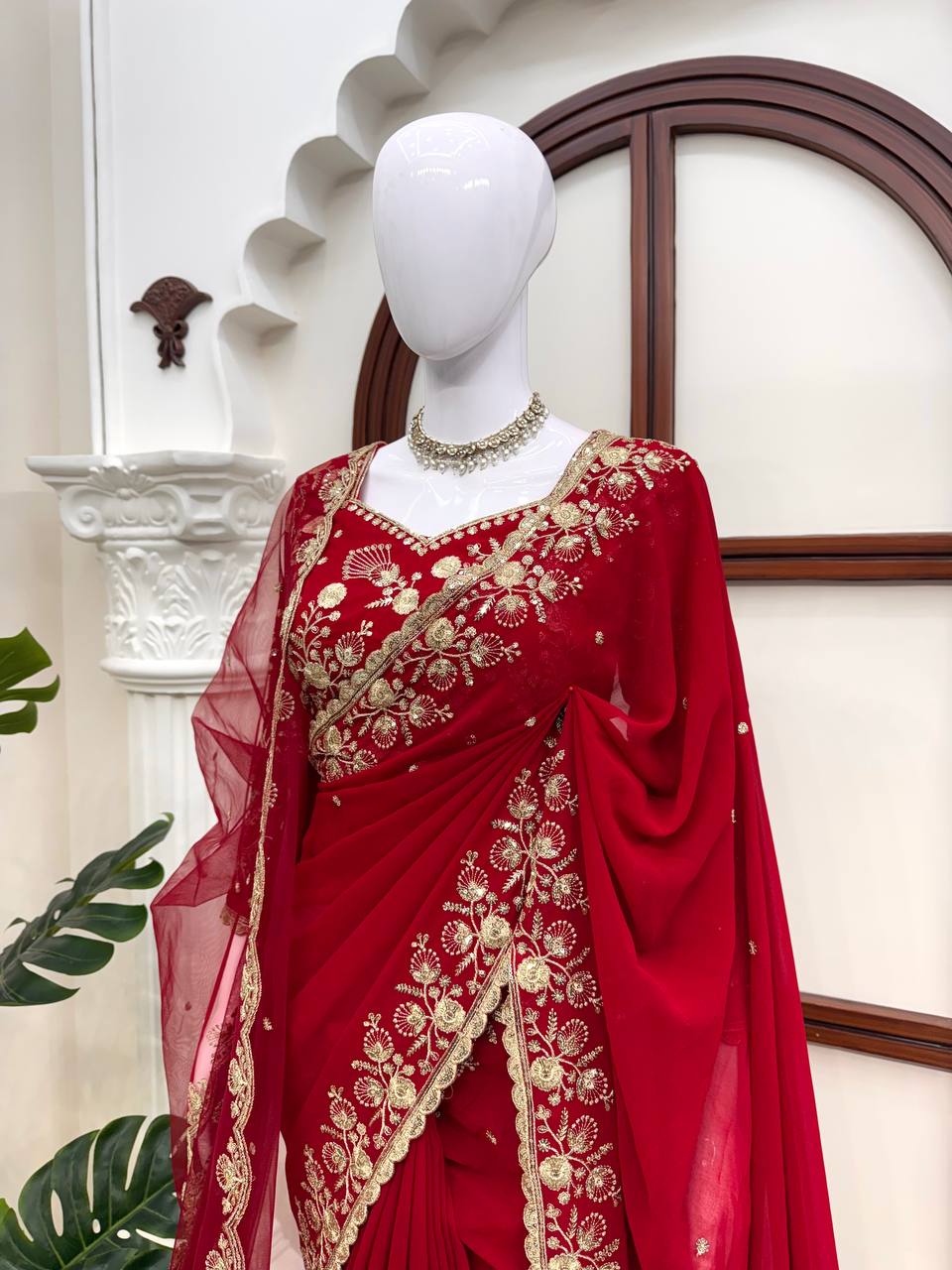 Ruby Red Faux Georgette Embroidered Saree for Durga Puja & Karwa Chauth