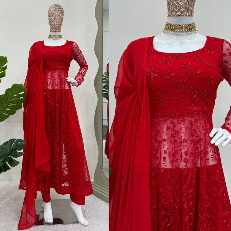 Cherry Red Color Net Designer Anarkali Suit Set With Dupatta