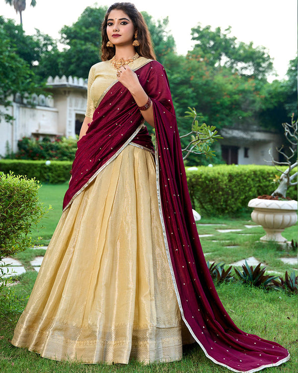 Cream Color Kanchipuram Designer South Indian Style Half Saree Lehenga