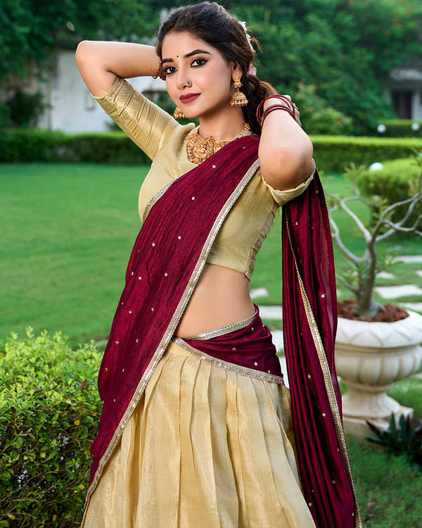 Cream Color Kanchipuram Designer South Indian Style Half Saree Lehenga