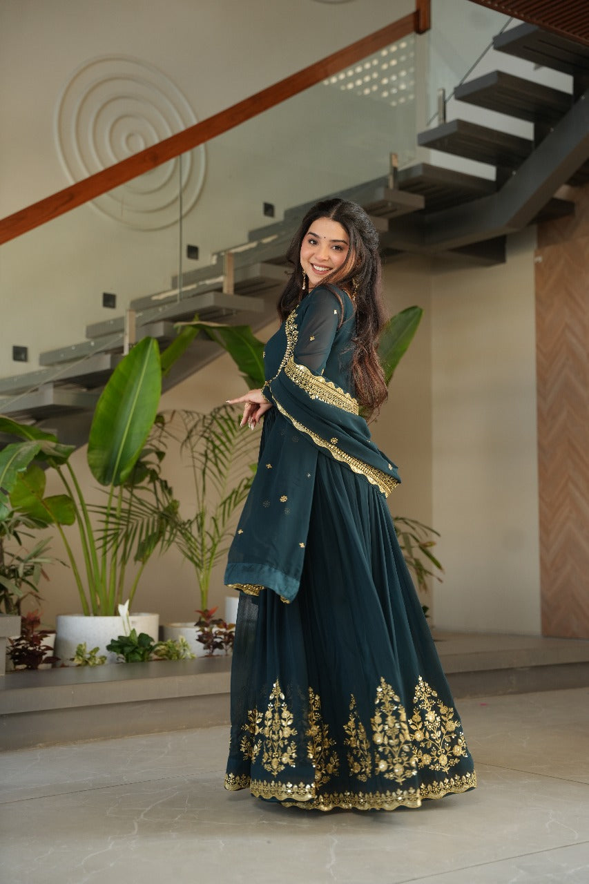 Heavy Designer Gown in Bottle Green Georgette With Sequence Embroidery Work