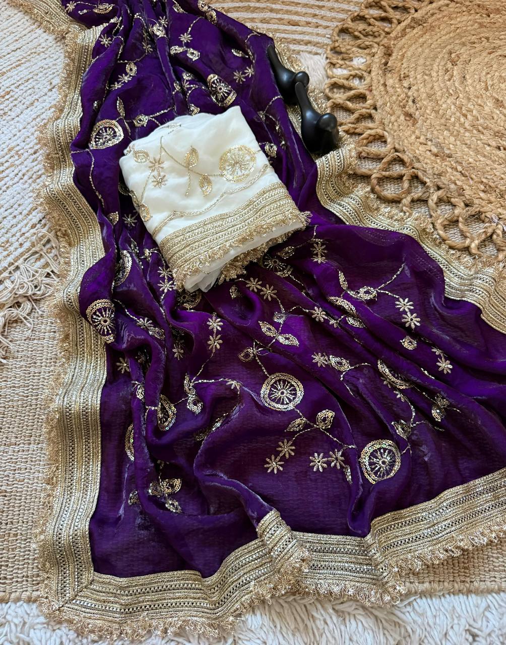 Deep Purple Pure Fancy Satin Saree with Off-White Floral Sequin Embroidery Blouse & Fringe Lace