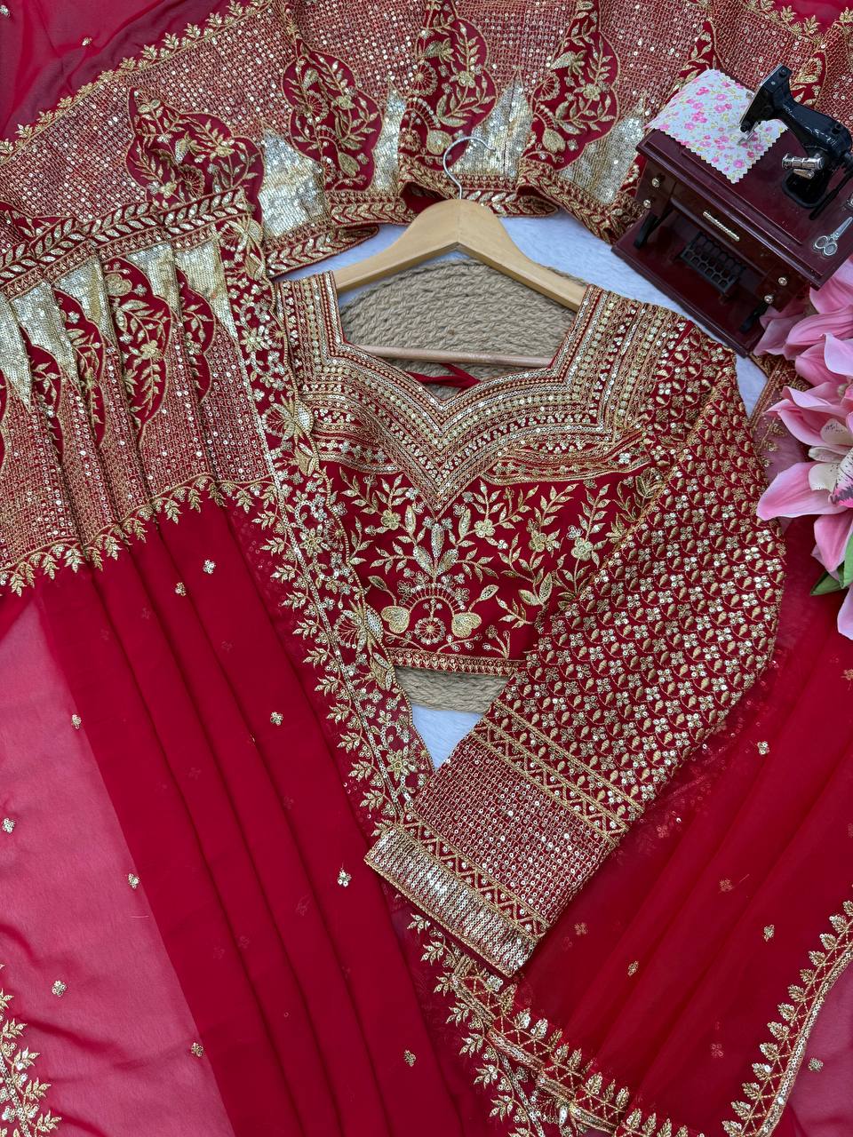 Festive Wear Embroidery Sequin Work Red Saree | Karwa Chauth & Durga Puja Saree