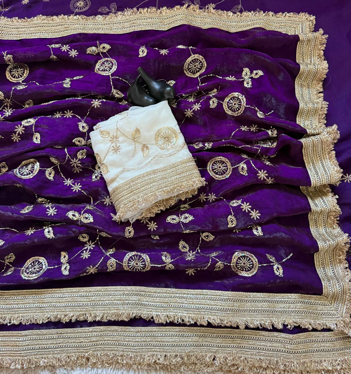 Deep Purple Pure Fancy Satin Saree with Off-White Floral Sequin Embroidery Blouse & Fringe Lace