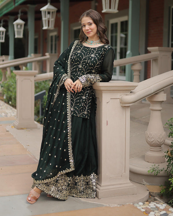 Dark Green Color Rangoli Silk Embroidered Plazzo Suit