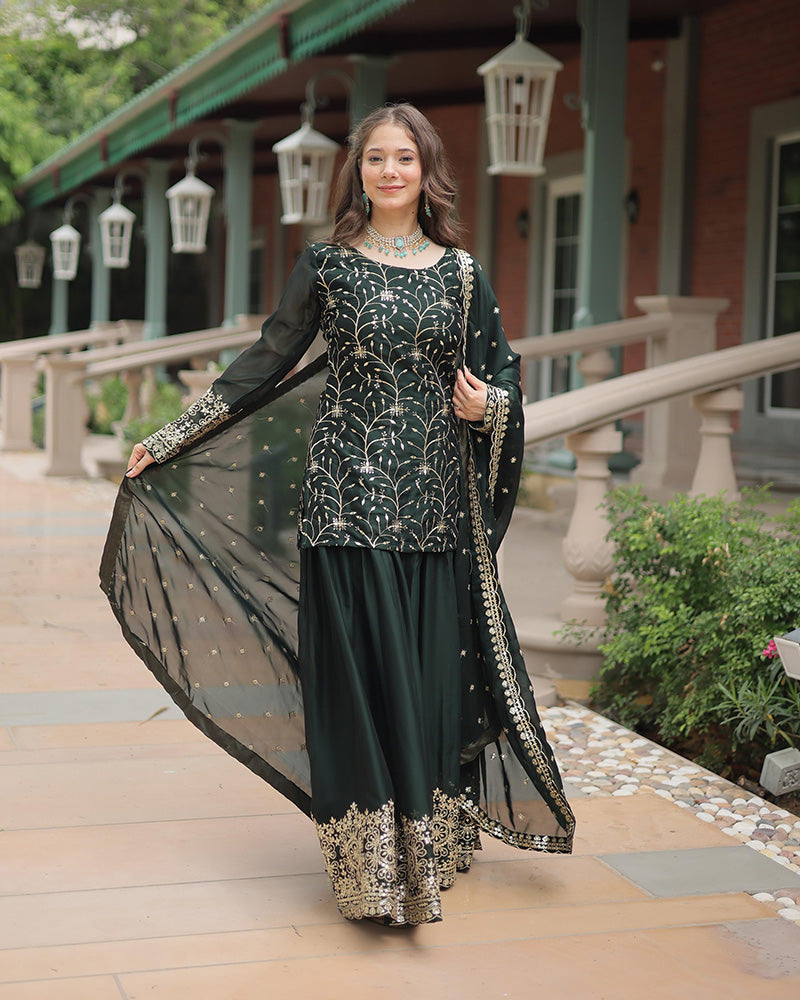 Dark Green Color Rangoli Silk Embroidered Plazzo Suit