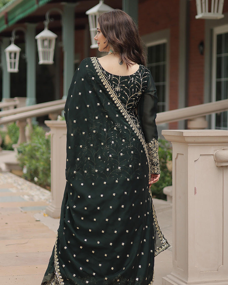 Dark Green Color Rangoli Silk Embroidered Plazzo Suit