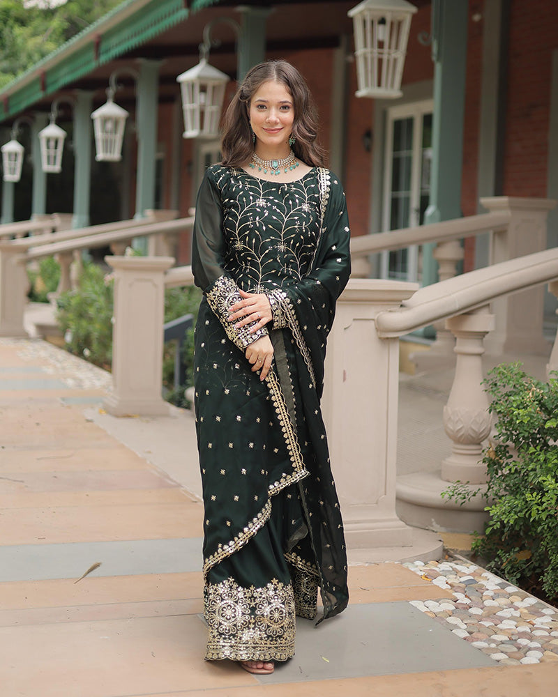 Dark Green Color Rangoli Silk Embroidered Plazzo Suit