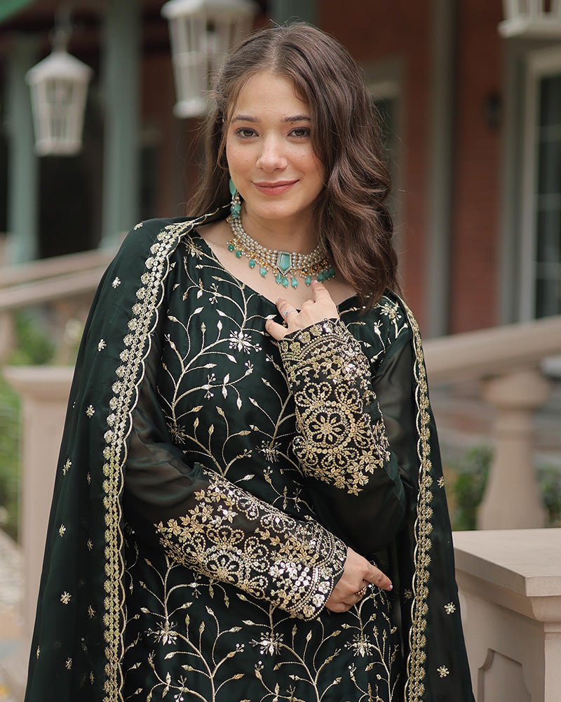 Dark Green Color Rangoli Silk Embroidered Plazzo Suit