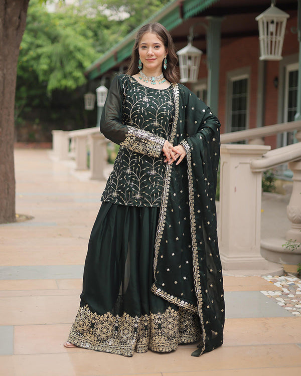 Dark Green Color Rangoli Silk Embroidered Plazzo Suit