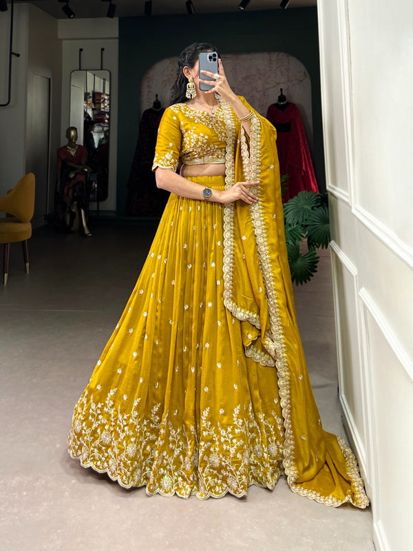 Designer Mustard Color Vichitra Silk Embroidered Lehenga Choli