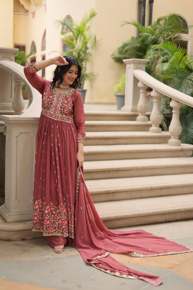 Designer Peach Color Three Piece Sharara Suit