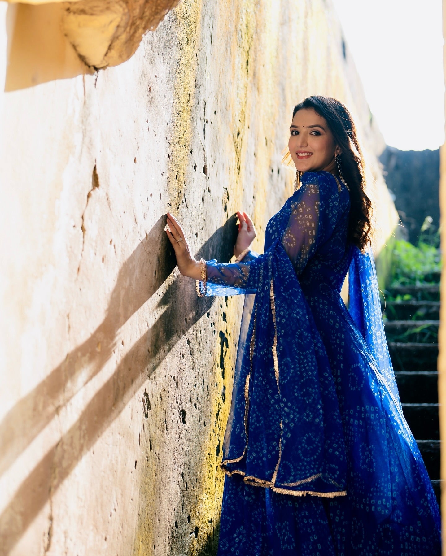 Digital Print Blue Colour organza silk Anarkali Suit Set with huge flair