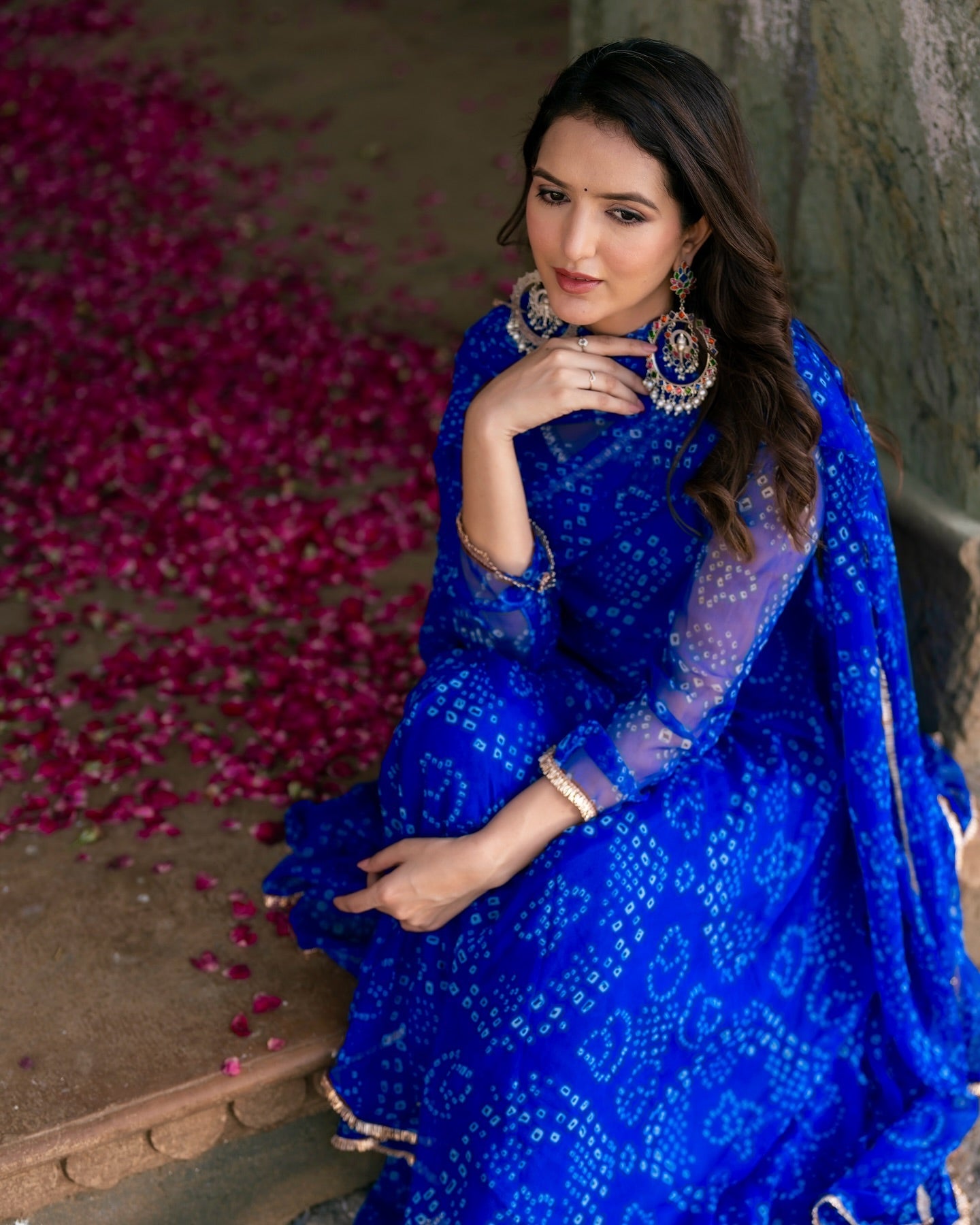 Digital Print Blue Colour organza silk Anarkali Suit Set with huge flair