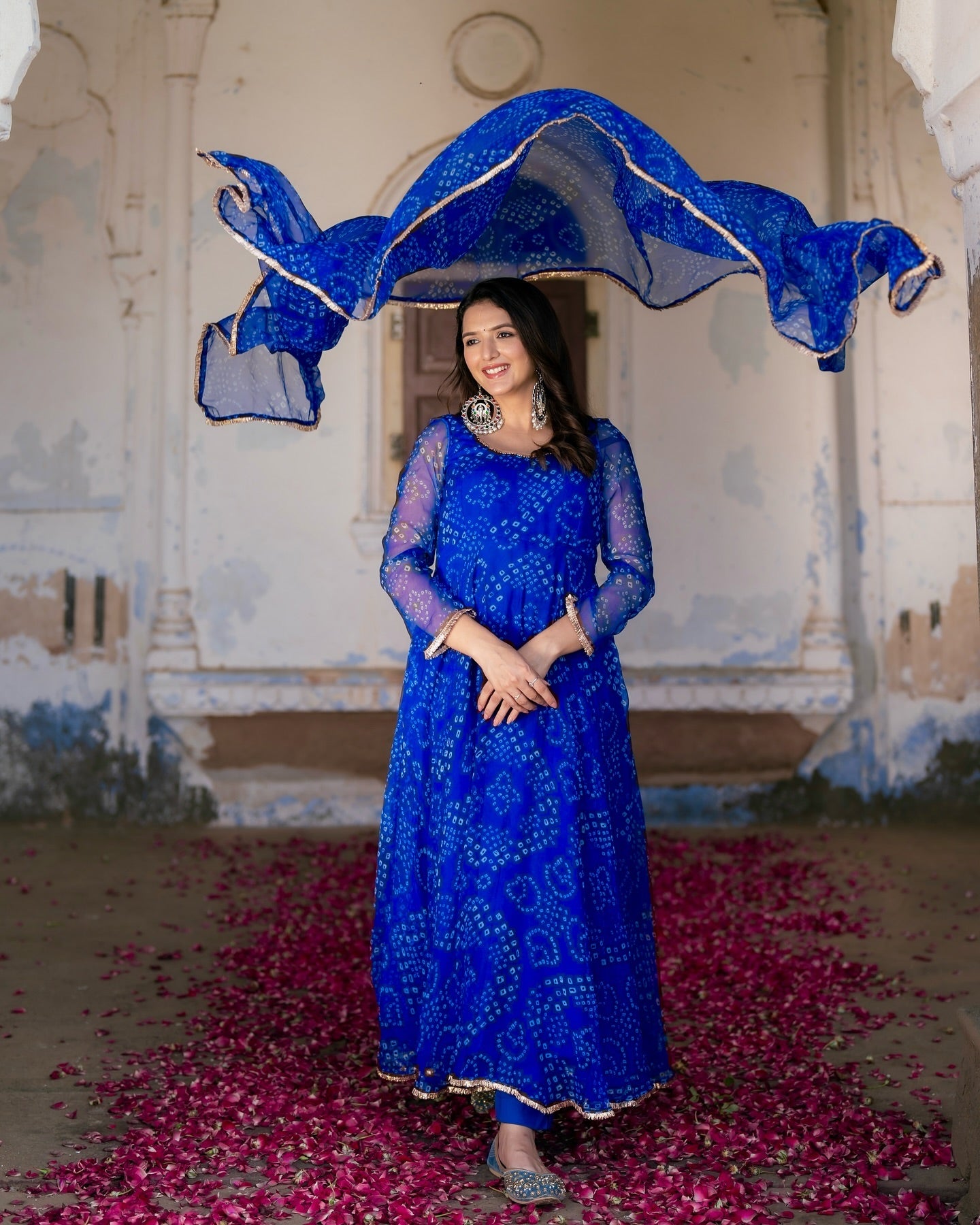Digital Print Blue Colour organza silk Anarkali Suit Set with huge flair