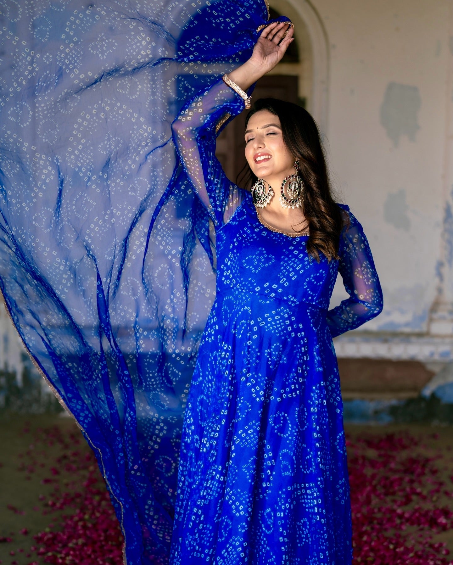 Digital Print Blue Colour organza silk Anarkali Suit Set with huge flair