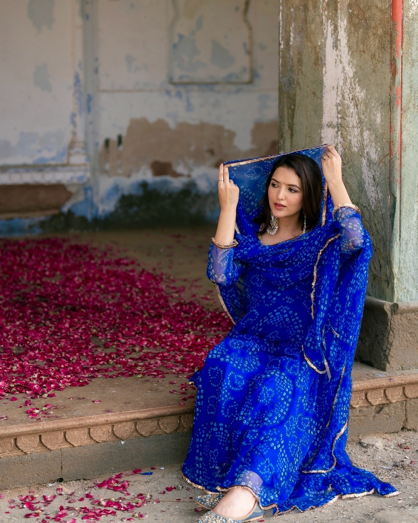 Digital Print Blue Colour organza silk Anarkali Suit Set with huge flair