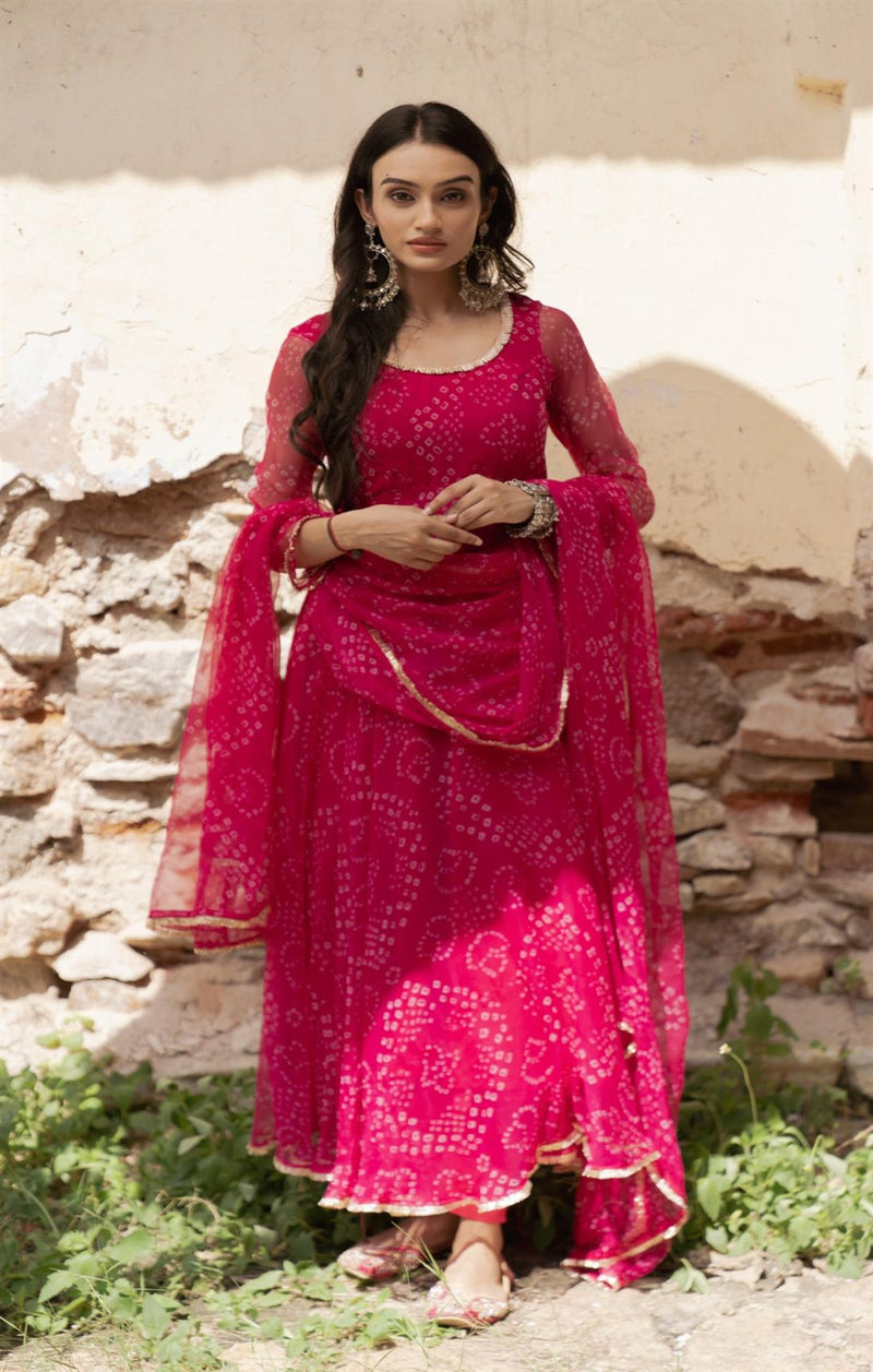 Digital Print Pink Colour organza silk Anarkali Suit Set with huge flair