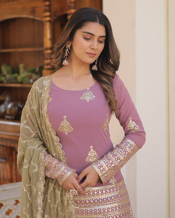 Beautiful Onion Color Georgette Three Piece Plazzo Suit