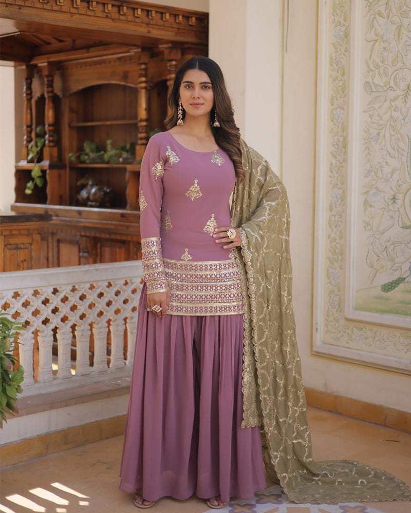 Beautiful Onion Color Georgette Three Piece Plazzo Suit