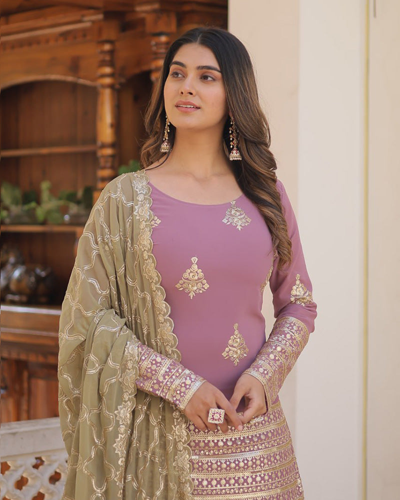 Beautiful Onion Color Georgette Three Piece Plazzo Suit