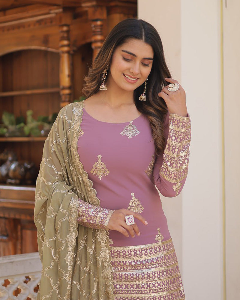 Beautiful Onion Color Georgette Three Piece Plazzo Suit