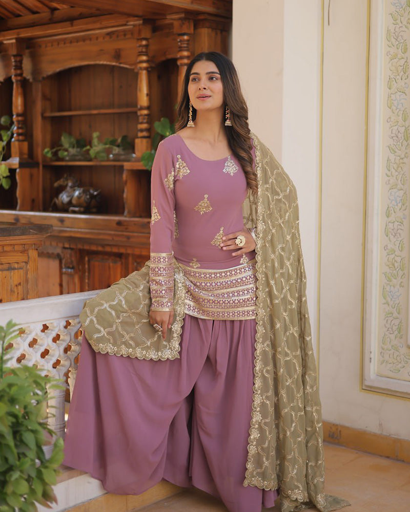 Beautiful Onion Color Georgette Three Piece Plazzo Suit