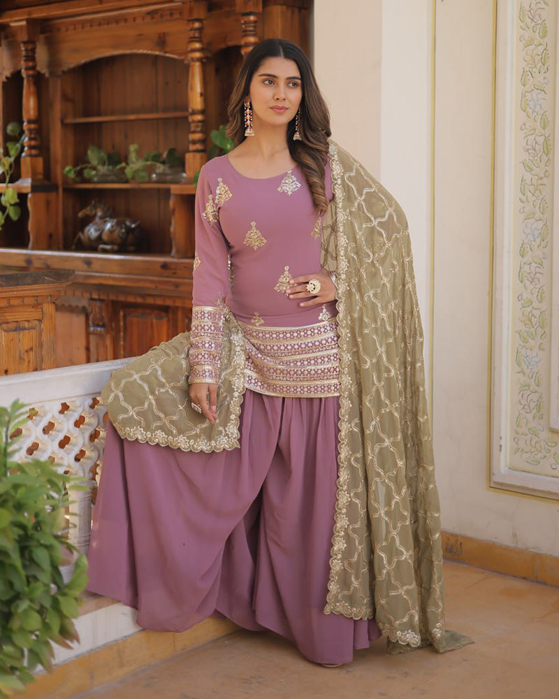 Beautiful Onion Color Georgette Three Piece Plazzo Suit