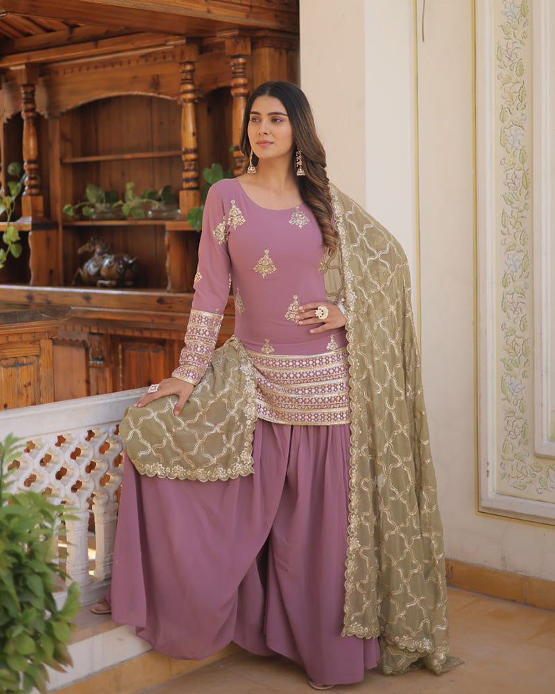 Beautiful Onion Color Georgette Three Piece Plazzo Suit