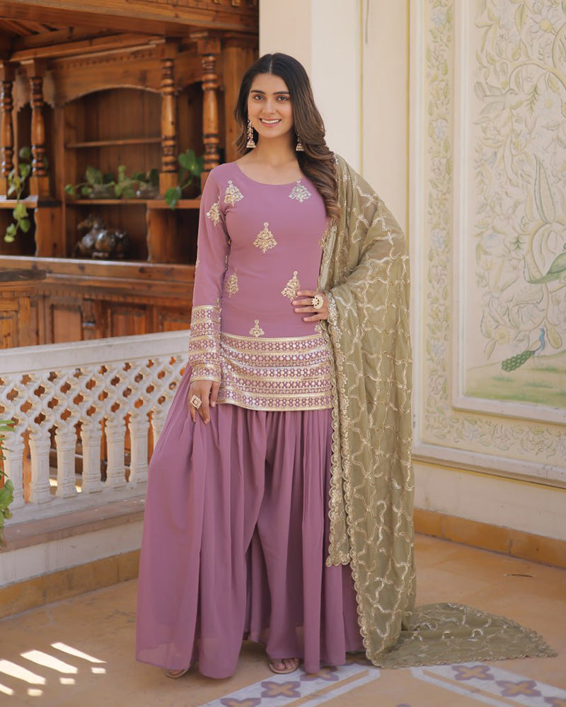 Beautiful Onion Color Georgette Three Piece Plazzo Suit