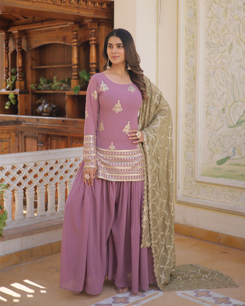 Beautiful Onion Color Georgette Three Piece Plazzo Suit