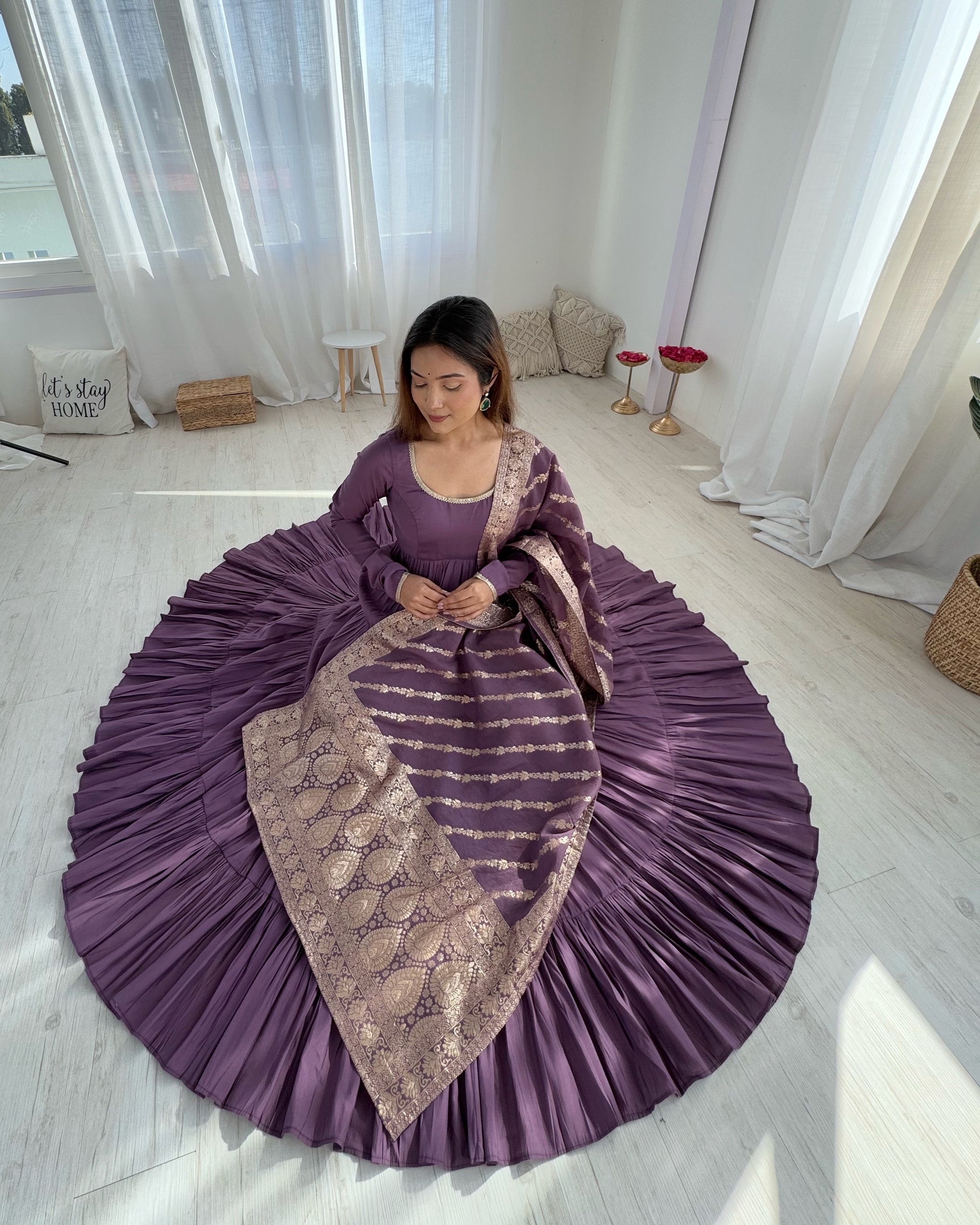 Dusty Purple Color Pure Roman Silk Ruffle Style Anarkali Suit