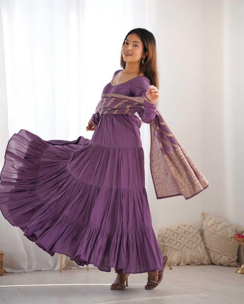 Dusty Purple Color Pure Roman Silk Ruffle Style Anarkali Suit