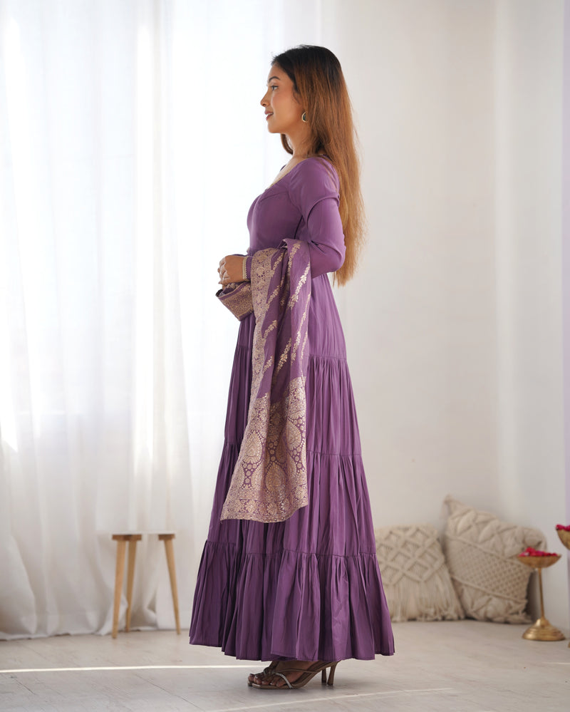 Dusty Purple Color Pure Roman Silk Ruffle Style Anarkali Suit