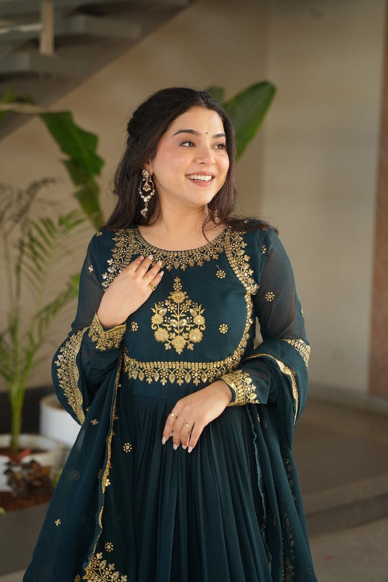 Heavy Designer Gown in Bottle Green Georgette With Sequence Embroidery Work